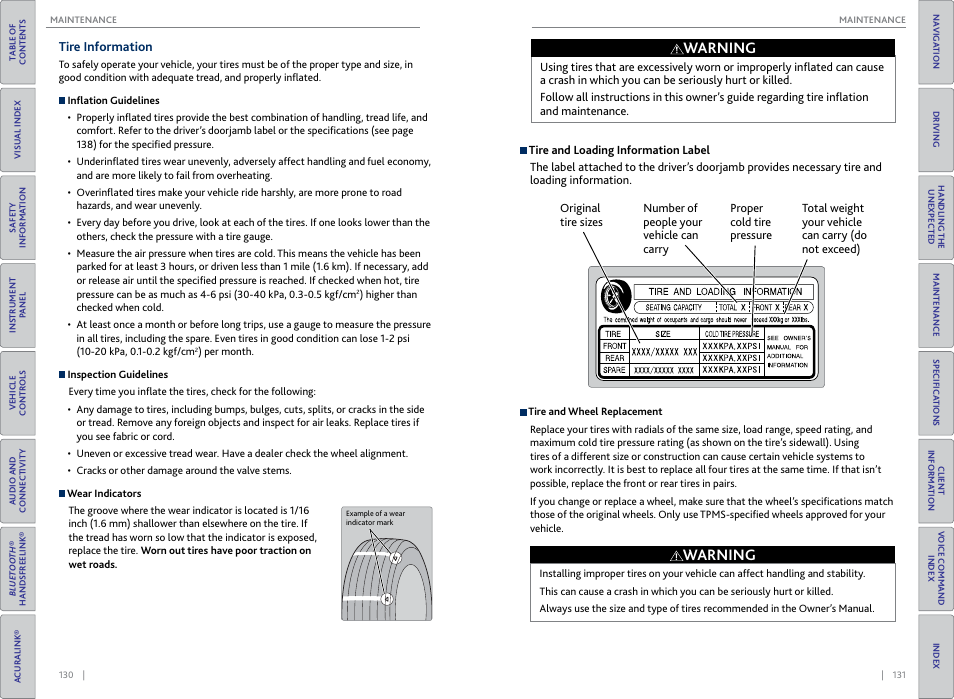 Tire information, Warning | Acura 2015 MDX - Owner's Guide (Without Software Update) Ver. ST02 User Manual | Page 69 / 79