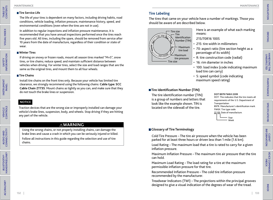 Tire labeling, Warning | Acura 2015 MDX - Owner's Guide (Without Software Update) Ver. ST02 User Manual | Page 70 / 79