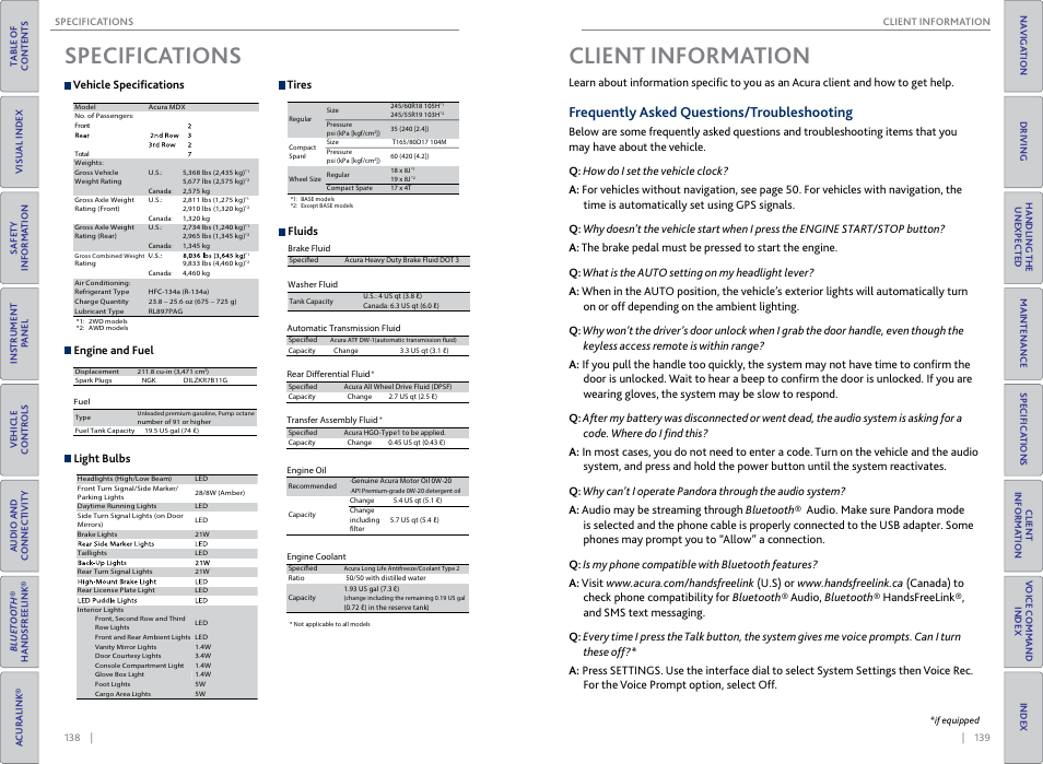 Client, Informa, Tion | Specifica, Tions, Specifications client information, Frequently asked questions/ troubleshooting, Driver’s power seat, Specifications, Client information | Acura 2015 MDX - Owner's Guide (Without Software Update) Ver. ST02 User Manual | Page 73 / 79