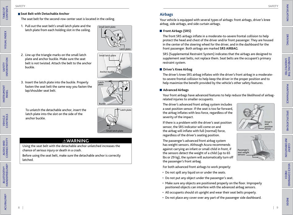 Airbags, Warning | Acura 2015 MDX - Owner's Guide (Without Software Update) Ver. ST02 User Manual | Page 8 / 79