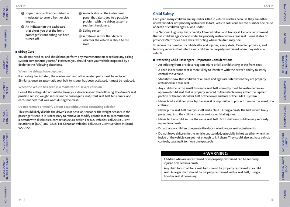 Child safety, Warning | Acura 2015 MDX - Owner's Guide (With Software Update) Ver. ST03 User Manual | Page 11 / 79