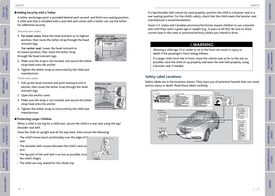 Safety label locations, Warning | Acura 2015 MDX - Owner's Guide (With Software Update) Ver. ST03 User Manual | Page 14 / 79