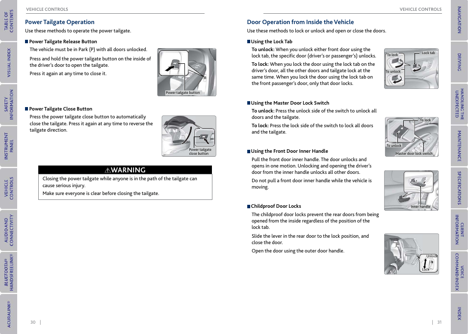 Power tailgate operation, Door operation from inside the vehicle, Door lock switches | P. 31, Tailgate button, P. 30, Warning | Acura 2015 MDX - Owner's Guide (With Software Update) Ver. ST03 User Manual | Page 19 / 79