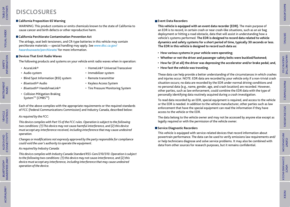 Disclosures | Acura 2015 MDX - Owner's Guide (With Software Update) Ver. ST03 User Manual | Page 2 / 79