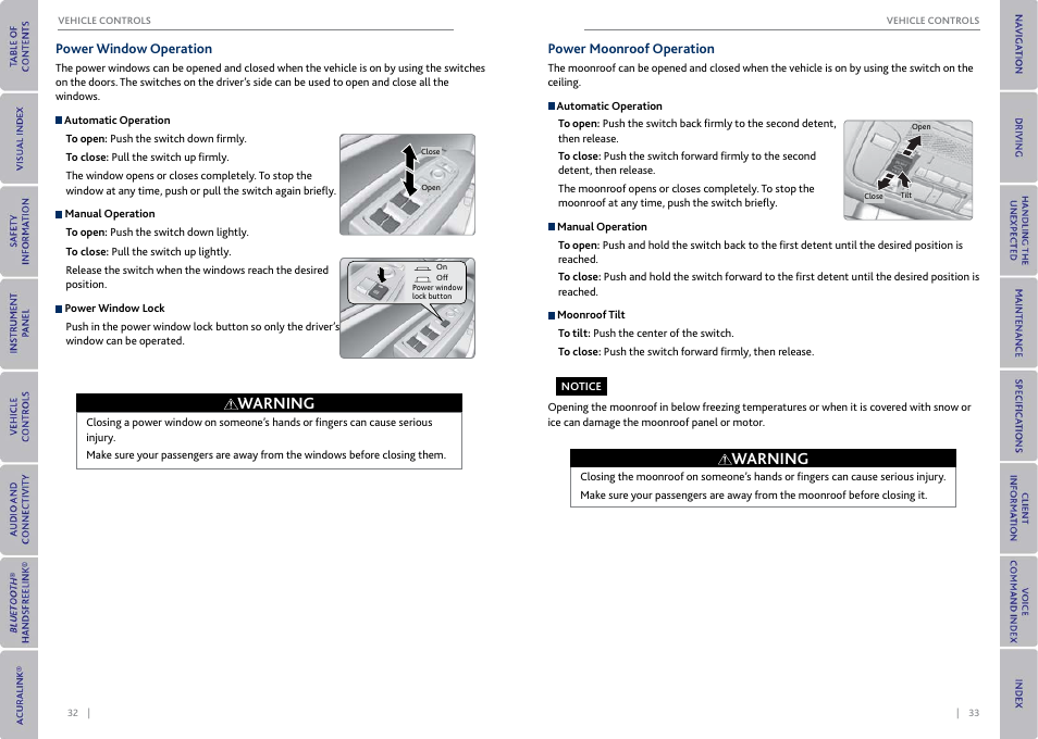 Power window operation, Power moonroof operation, Power window operation power moonroof operation | P. 33, P. 32, Warning | Acura 2015 MDX - Owner's Guide (With Software Update) Ver. ST03 User Manual | Page 20 / 79