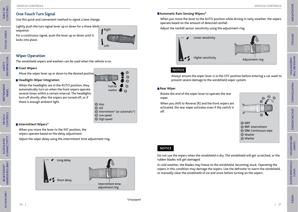 One-touch turn signal, Wiper operation, One-touch turn signal wiper operation | Wipers/washers, P. 36 | Acura 2015 MDX - Owner's Guide (With Software Update) Ver. ST03 User Manual | Page 22 / 79