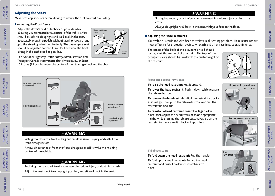 Adjusting the seats, Warning | Acura 2015 MDX - Owner's Guide (With Software Update) Ver. ST03 User Manual | Page 23 / 79