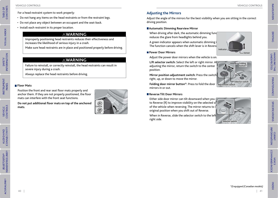Adjusting the mirrors, P. 41, Warning | Acura 2015 MDX - Owner's Guide (With Software Update) Ver. ST03 User Manual | Page 24 / 79