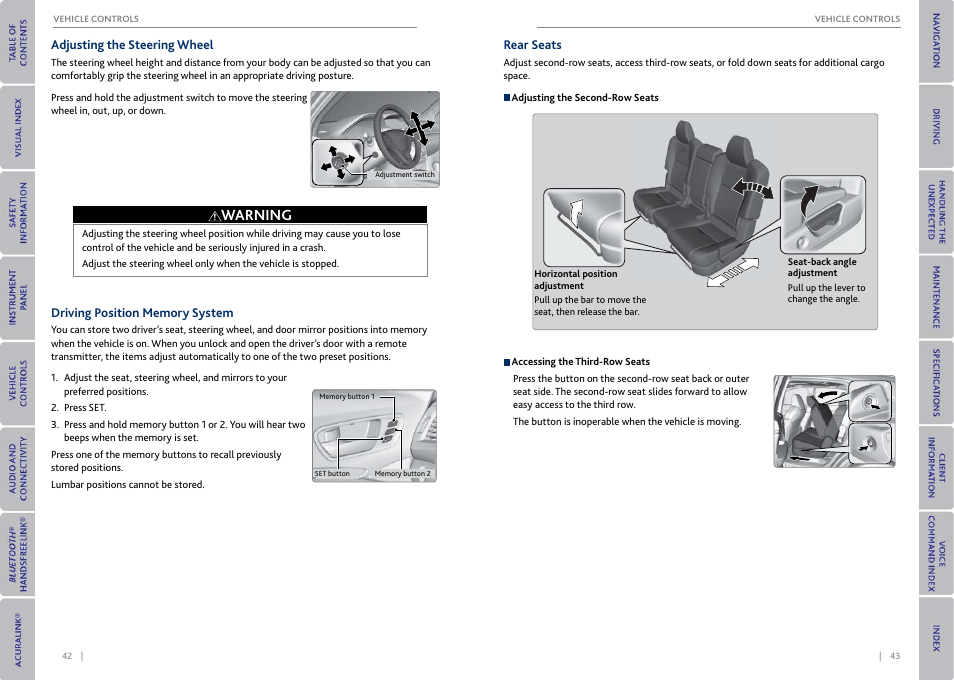 Adjusting the steering wheel, Driving position memory system, Rear seats | Buttons, P. 42, Warning | Acura 2015 MDX - Owner's Guide (With Software Update) Ver. ST03 User Manual | Page 25 / 79
