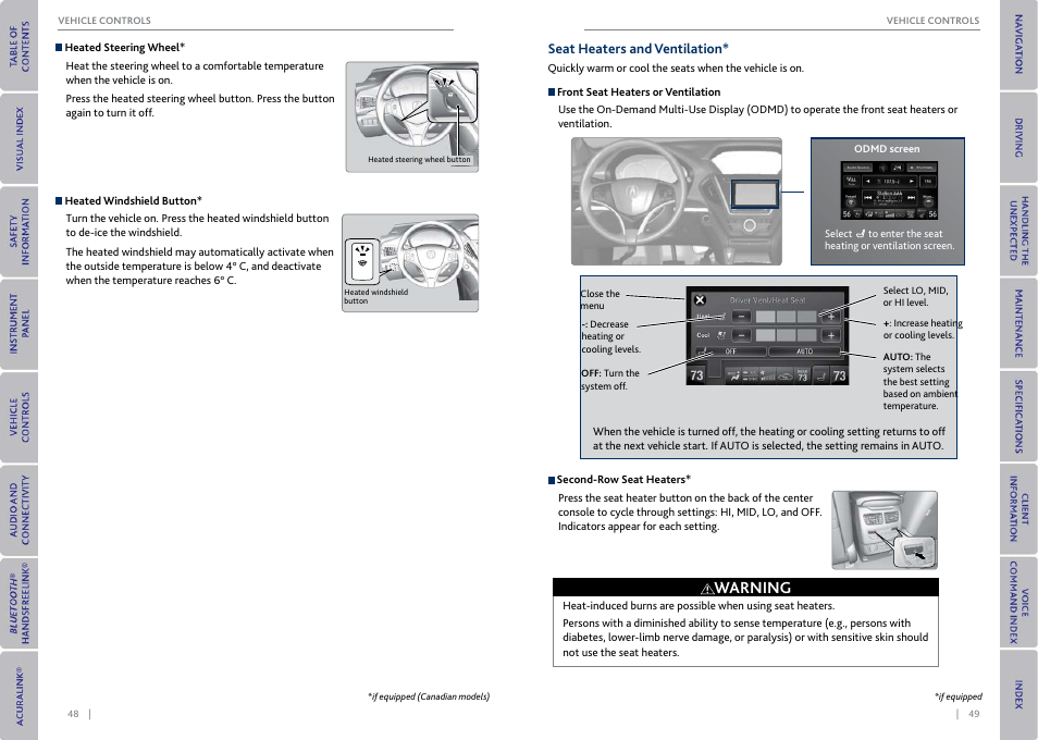 Seat heaters and ventilation, P. 48, Wheel button | Warning | Acura 2015 MDX - Owner's Guide (With Software Update) Ver. ST03 User Manual | Page 28 / 79