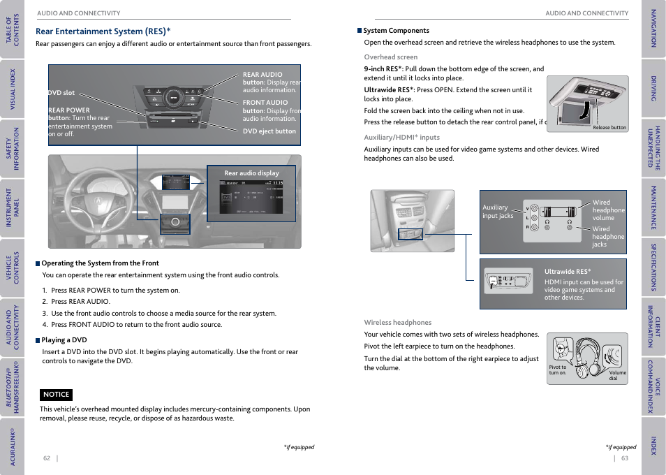 Rear entertainment system (res), Rear entertainment system, Ear entertainment system | P. 62 | Acura 2015 MDX - Owner's Guide (With Software Update) Ver. ST03 User Manual | Page 35 / 79