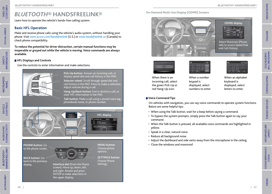 Bluetooth® handsfreelink, Basic hfl operation, Bluetooth ® handsfreelink | P. 66 | Acura 2015 MDX - Owner's Guide (With Software Update) Ver. ST03 User Manual | Page 37 / 79