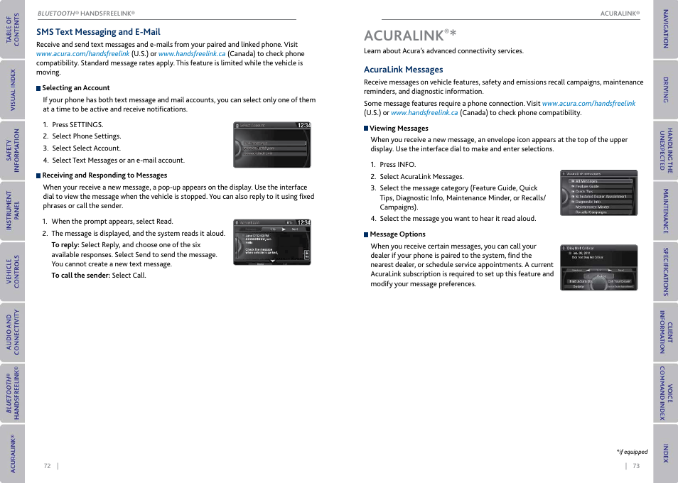 Sms text messaging and e-mail, Acuralink, Acuralink messages | P. 73 | Acura 2015 MDX - Owner's Guide (With Software Update) Ver. ST03 User Manual | Page 40 / 79