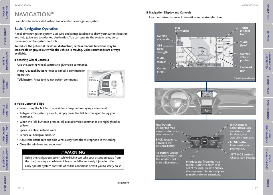 Navigation, Basic navigation operation, Warning | Acura 2015 MDX - Owner's Guide (With Software Update) Ver. ST03 User Manual | Page 42 / 79