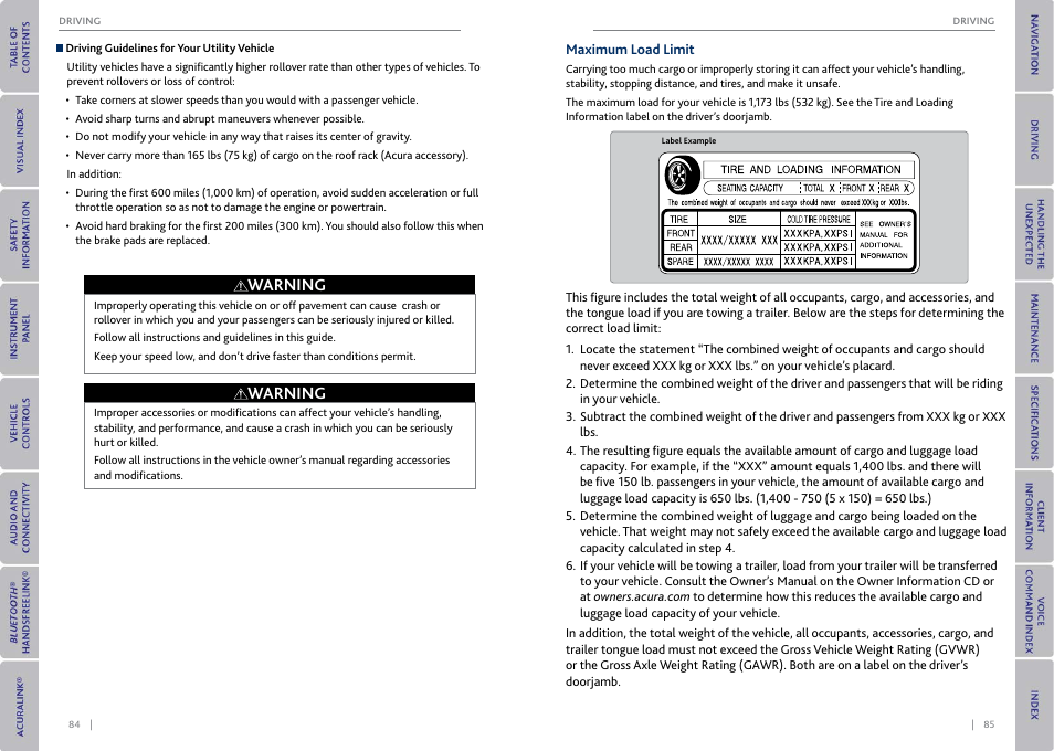 Maximum load limit, Warning | Acura 2015 MDX - Owner's Guide (With Software Update) Ver. ST03 User Manual | Page 46 / 79