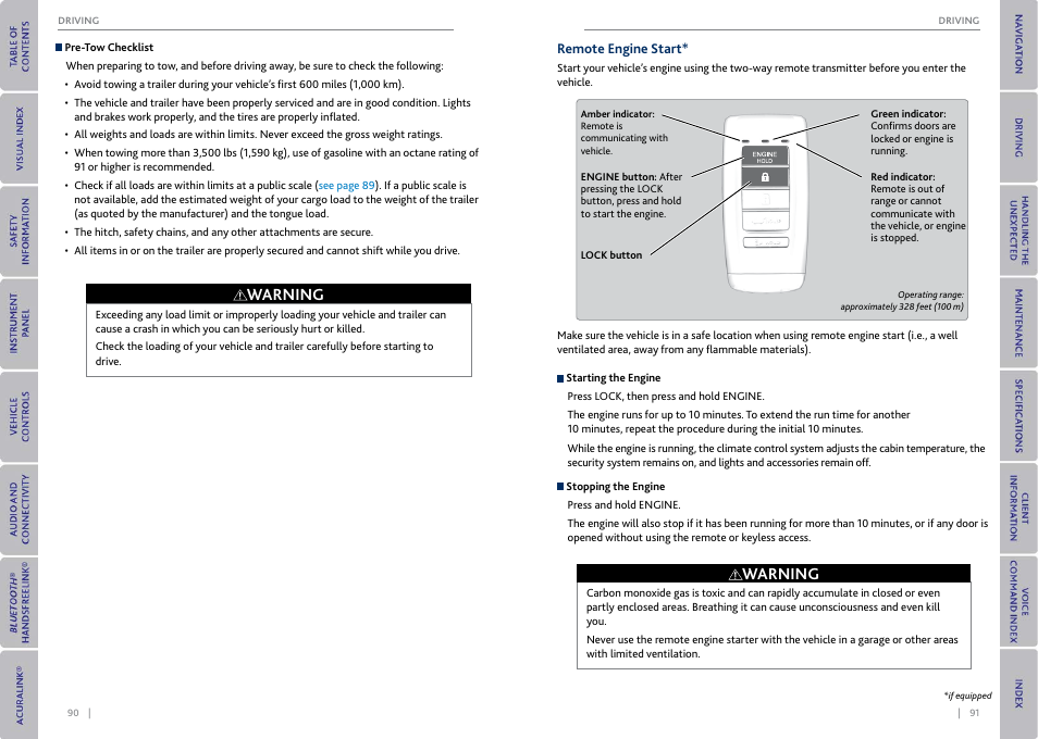 Remote engine start, Warning | Acura 2015 MDX - Owner's Guide (With Software Update) Ver. ST03 User Manual | Page 49 / 79