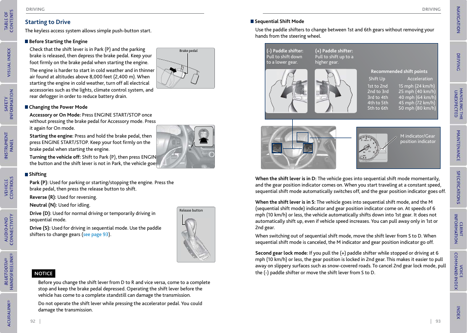 Starting to drive, P. 93, Op button | P. 92 | Acura 2015 MDX - Owner's Guide (With Software Update) Ver. ST03 User Manual | Page 50 / 79