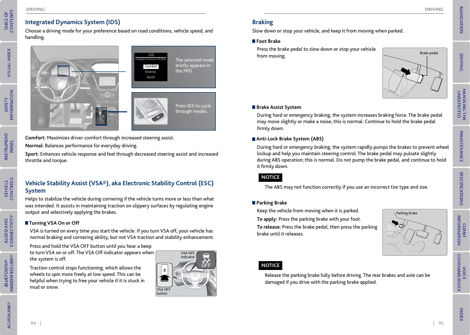 Integrated dynamics system (ids), Integrated dynamics system, P. 94 | P. 95, Braking | Acura 2015 MDX - Owner's Guide (With Software Update) Ver. ST03 User Manual | Page 51 / 79