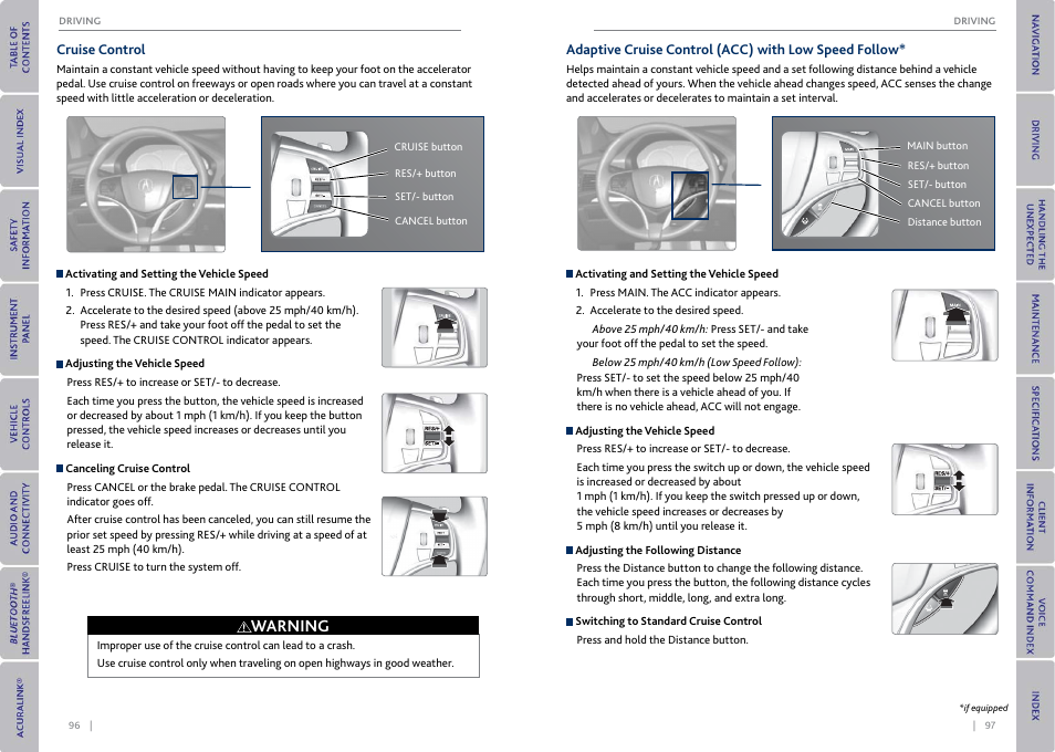 Buttons, P. 96, 96, Button | P. 97, Warning | Acura 2015 MDX - Owner's Guide (With Software Update) Ver. ST03 User Manual | Page 52 / 79