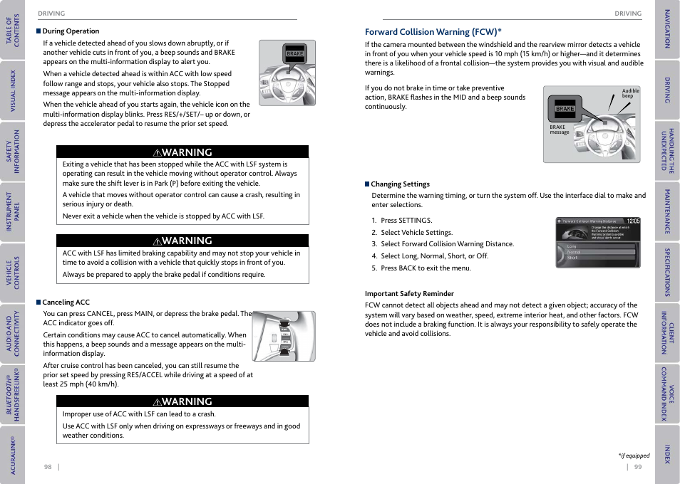Forward collision warning (fcw), Warning | Acura 2015 MDX - Owner's Guide (With Software Update) Ver. ST03 User Manual | Page 53 / 79