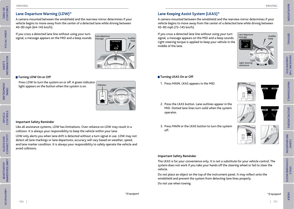 P. 101, P. 100, Lane departure warning (ldw) | Lane keeping assist system (lkas) | Acura 2015 MDX - Owner's Guide (With Software Update) Ver. ST03 User Manual | Page 54 / 79