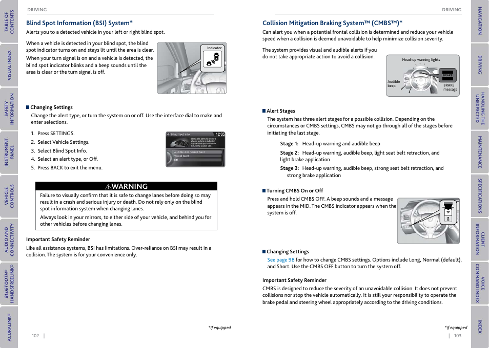 P. 103, Warning | Acura 2015 MDX - Owner's Guide (With Software Update) Ver. ST03 User Manual | Page 55 / 79