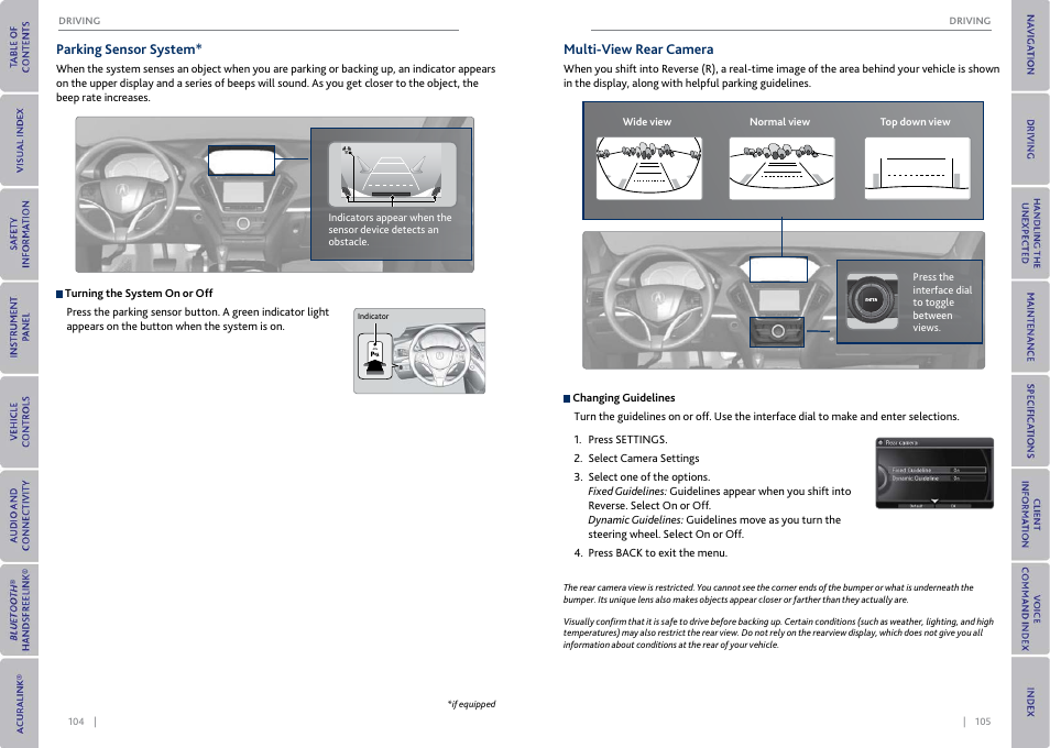 Arking sensor button, P. 104, Parking sensor system* multi-view rear camera | Acura 2015 MDX - Owner's Guide (With Software Update) Ver. ST03 User Manual | Page 56 / 79