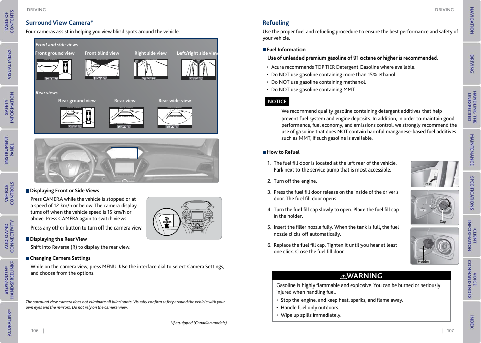 Surround view camera* refueling, P. 107, Warning | Surround view camera, Refueling | Acura 2015 MDX - Owner's Guide (With Software Update) Ver. ST03 User Manual | Page 57 / 79