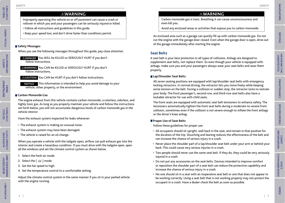 Seat belts, Warning | Acura 2015 MDX - Owner's Guide (With Software Update) Ver. ST03 User Manual | Page 6 / 79
