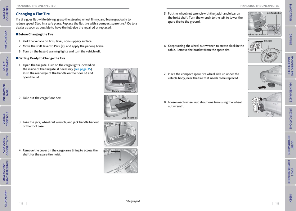Changing a flat tire | Acura 2015 MDX - Owner's Guide (With Software Update) Ver. ST03 User Manual | Page 60 / 79