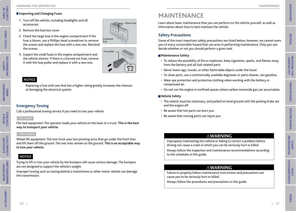 Emergency towing, Maintenance, Safety precautions | Ig2 hac, Ig2 dr, Acc key lock, Driver power lumbar, Circuit protected, 15 driver’s power seat sliding, Rear driver’s side power | Acura 2015 MDX - Owner's Guide (With Software Update) Ver. ST03 User Manual | Page 64 / 79