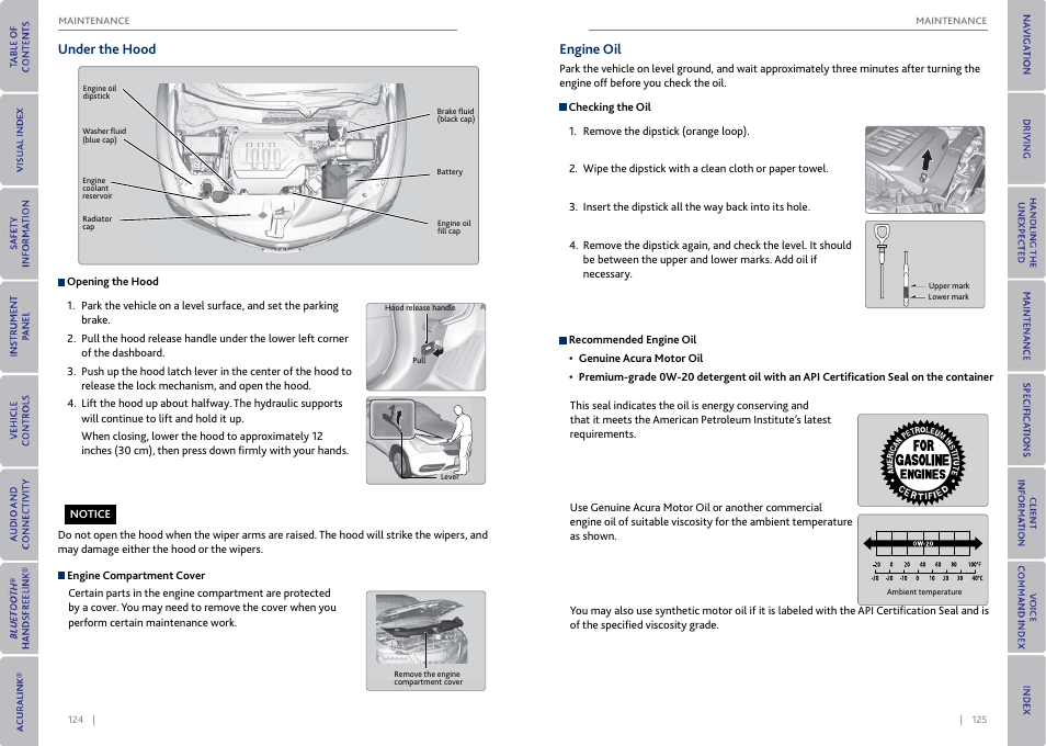 Under the hood engine oil, Elease handle, P. 124 | Under the hood, Engine oil | Acura 2015 MDX - Owner's Guide (With Software Update) Ver. ST03 User Manual | Page 66 / 79