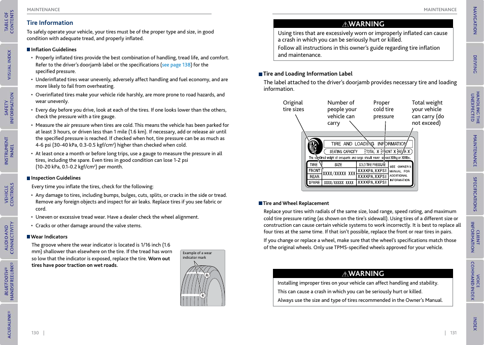 Tire information, Warning | Acura 2015 MDX - Owner's Guide (With Software Update) Ver. ST03 User Manual | Page 69 / 79