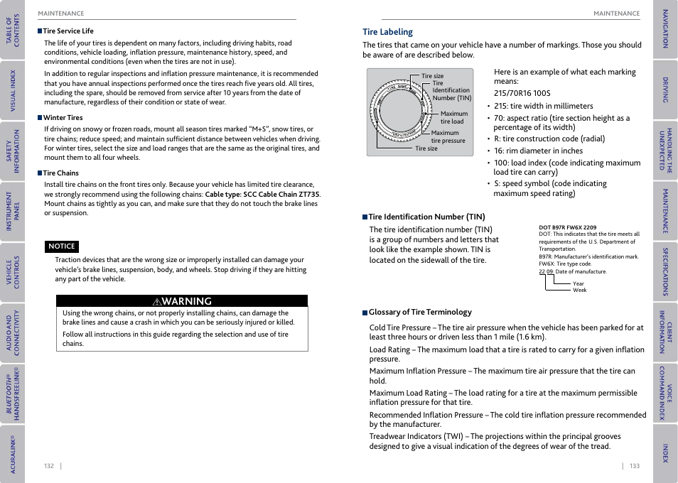 Tire labeling, Warning | Acura 2015 MDX - Owner's Guide (With Software Update) Ver. ST03 User Manual | Page 70 / 79
