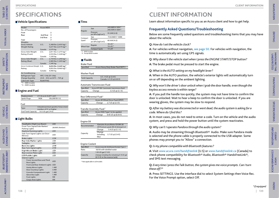Specifications client information, Frequently asked questions/ troubleshooting, Ets tilt | Driver’s power seat, Reclining, Specifications, Client information, Frequently asked questions/troubleshooting, Vehicle specifications engine and fuel fluids, Tires | Acura 2015 MDX - Owner's Guide (With Software Update) Ver. ST03 User Manual | Page 73 / 79
