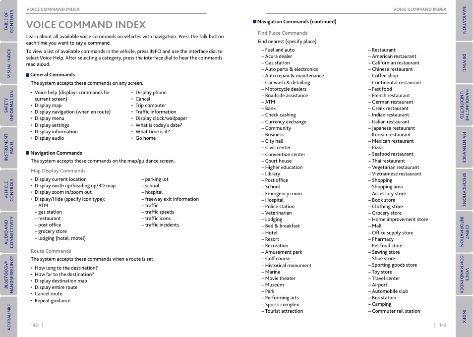 Voice command index | Acura 2015 MDX - Owner's Guide (With Software Update) Ver. ST03 User Manual | Page 75 / 79