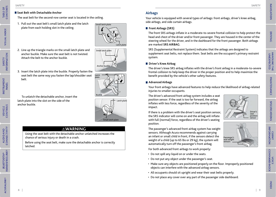 Airbags, Warning | Acura 2015 MDX - Owner's Guide (With Software Update) Ver. ST03 User Manual | Page 8 / 79