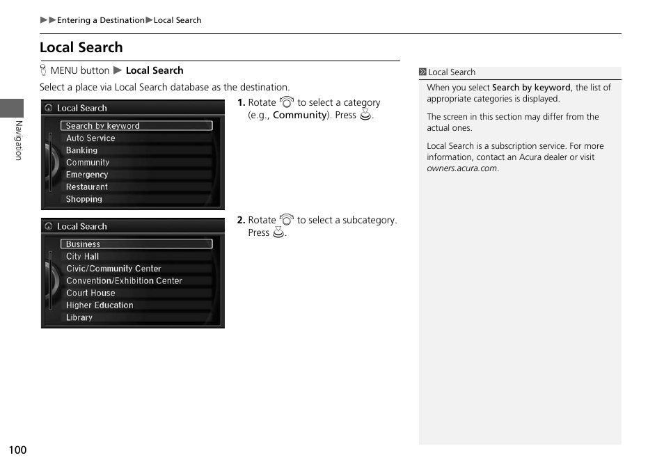 Local search, P. 100, 2 local search | Acura 2015 MDX - Navigation Manual (Without Software Update) Ver. ST02 User Manual | Page 101 / 341