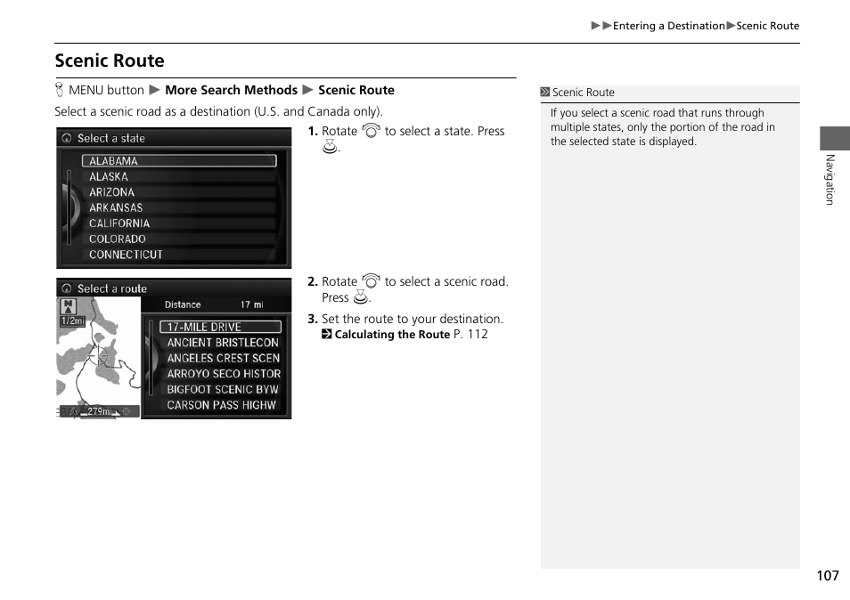 Scenic route, 2 scenic route, P. 107 | Acura 2015 MDX - Navigation Manual (Without Software Update) Ver. ST02 User Manual | Page 108 / 341