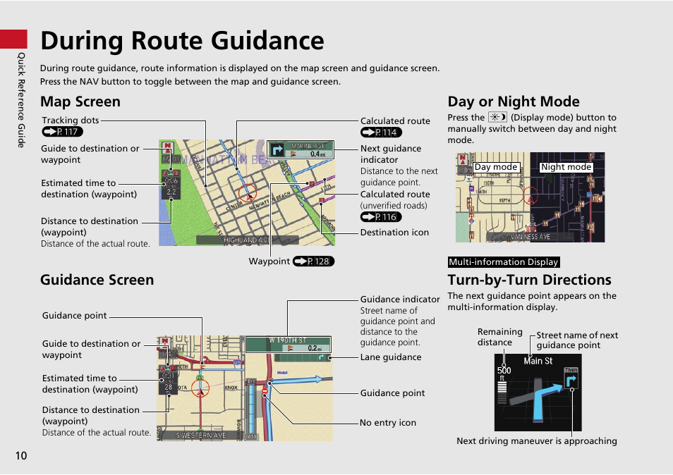 During route guidance, Map screen guidance screen, Day or night mode | Turn-by-turn directions | Acura 2015 MDX - Navigation Manual (Without Software Update) Ver. ST02 User Manual | Page 11 / 341