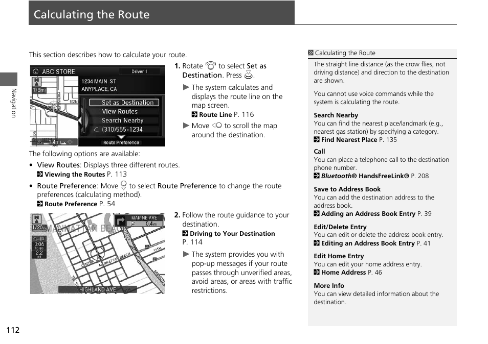Calculating the route 112, Calculating the route, 2 calculating the route | P. 112 | Acura 2015 MDX - Navigation Manual (Without Software Update) Ver. ST02 User Manual | Page 113 / 341