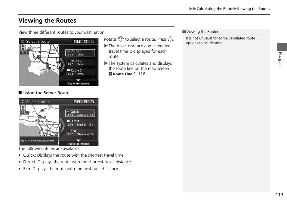 P113), Viewing the routes, 2 viewing the routes | P. 113 | Acura 2015 MDX - Navigation Manual (Without Software Update) Ver. ST02 User Manual | Page 114 / 341