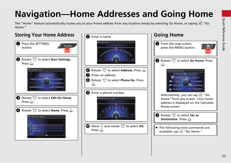 Navigation—home addresses and going home, Storing your home address, Going home | Acura 2015 MDX - Navigation Manual (Without Software Update) Ver. ST02 User Manual | Page 12 / 341