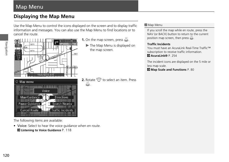 Map menu 120, Map menu, Displaying the map menu | 2 map menu, P. 120 | Acura 2015 MDX - Navigation Manual (Without Software Update) Ver. ST02 User Manual | Page 121 / 341