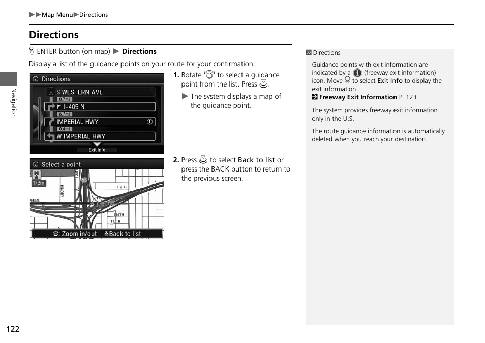 Directions, 2 directions, P. 122 | Acura 2015 MDX - Navigation Manual (Without Software Update) Ver. ST02 User Manual | Page 123 / 341