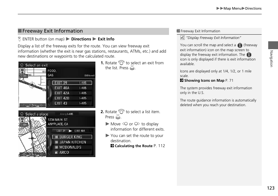Freeway exit information | Acura 2015 MDX - Navigation Manual (Without Software Update) Ver. ST02 User Manual | Page 124 / 341