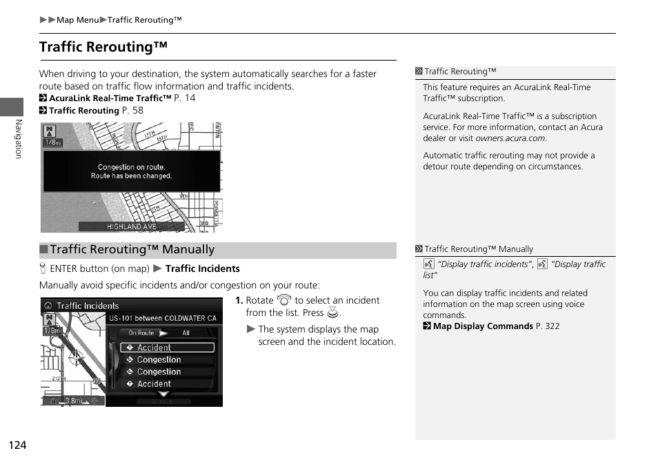 P124), Traffic rerouting, P. 124 | 2 traffic rerouting™ p. 124, 2 traffic rerouting, Traffic rerouting™ manually | Acura 2015 MDX - Navigation Manual (Without Software Update) Ver. ST02 User Manual | Page 125 / 341