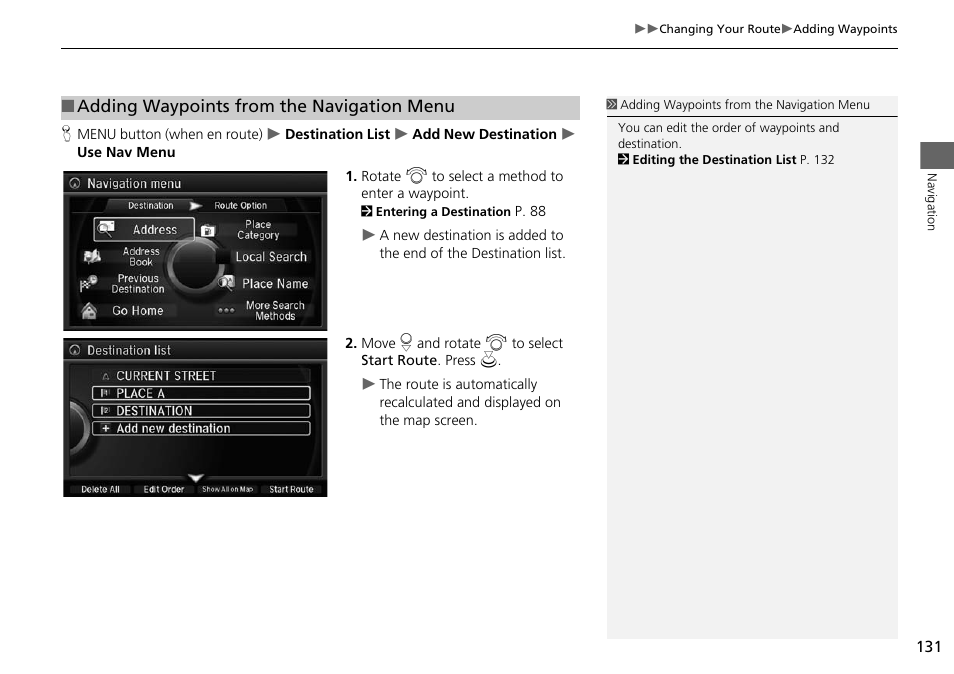 Adding waypoints from the navigation menu | Acura 2015 MDX - Navigation Manual (Without Software Update) Ver. ST02 User Manual | Page 132 / 341
