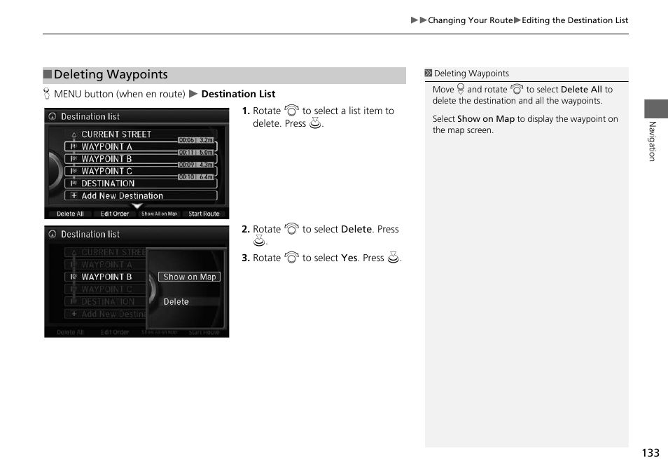 Deleting waypoints | Acura 2015 MDX - Navigation Manual (Without Software Update) Ver. ST02 User Manual | Page 134 / 341