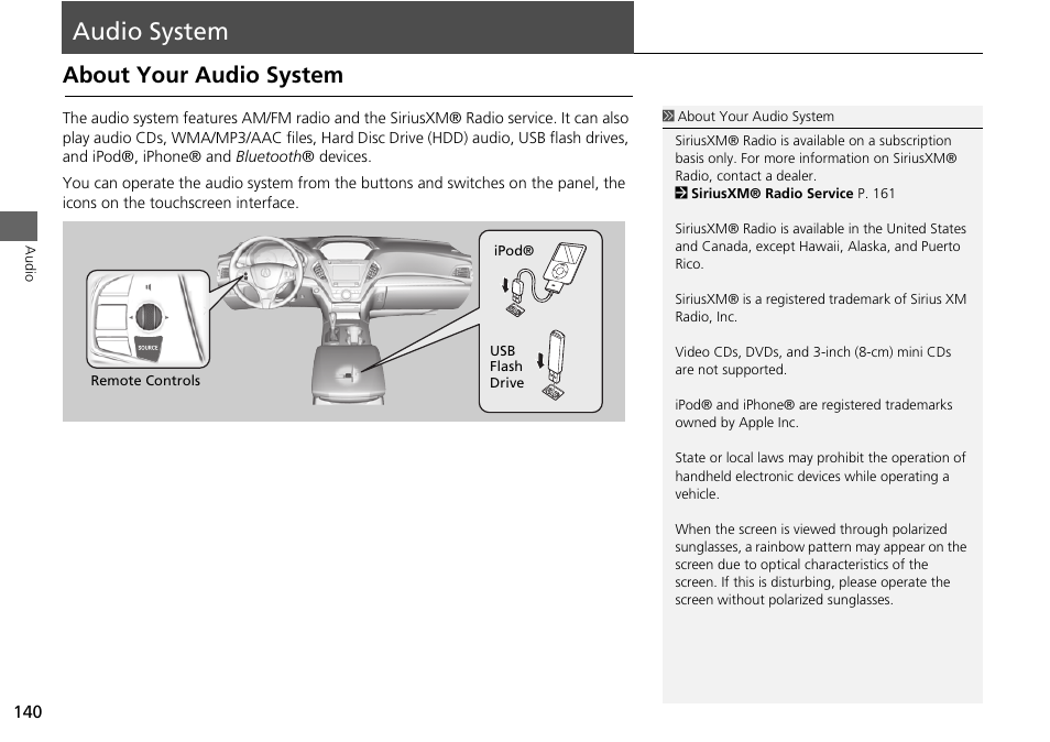 Audio system 140, Audio system, About your audio system | Acura 2015 MDX - Navigation Manual (Without Software Update) Ver. ST02 User Manual | Page 141 / 341